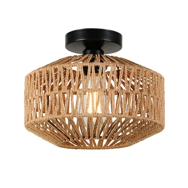 Unbranded 11.8 in. W 1-Light Mini Natural Rattan Chandelier Flush Mount Light with Dimmable LED Bulb