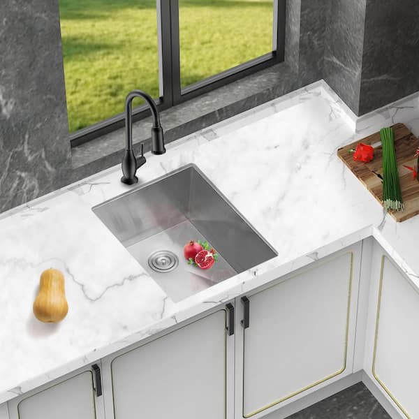 19 in. Undermount Single Bowl 16-Gauge Brushed Nickel Stainless Steel Kitchen Sink with Bottom Grids, Drain Board