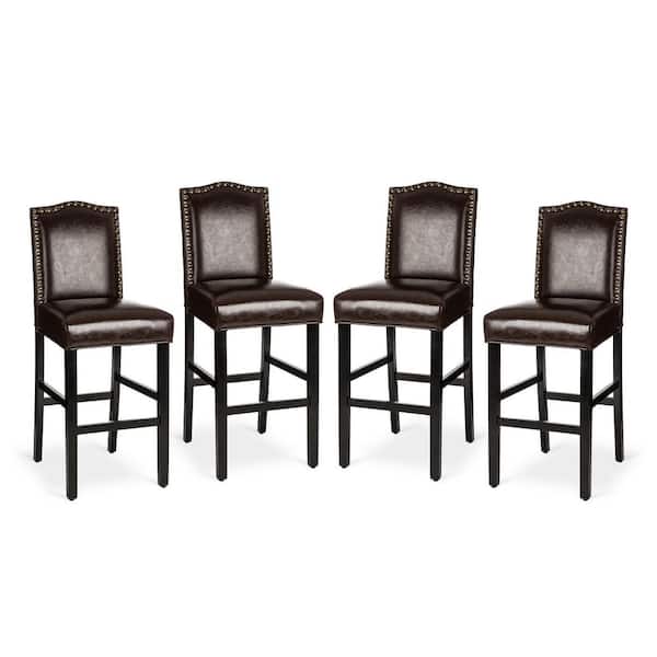 Glitzhome 45 in. H Coffee Bonded Leather Wood High-Back Barchair with Studded Decor (Set of 4)
