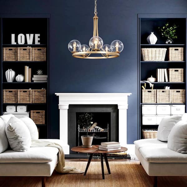 Modern Gold Chandelier Pendant Light 5-Light Wagon Wheel Dining Room Chandelier with Seed Glass Shades