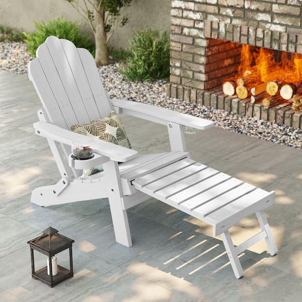 Sonkuki White Folding Adirondack Chair with Retractable Ottoman, Weather Resistant Fire Pit Patio Chair with Cup Holder