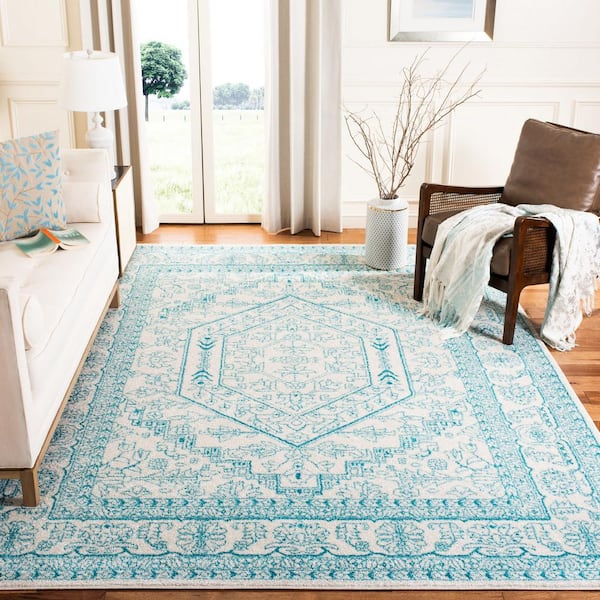 Adirondack Ivory/Teal 8 ft. x 10 ft. Border Medallion Area Rug