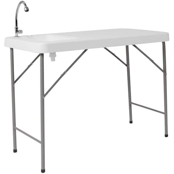 Carnegy Avenue Wesley 45 in. Granite White Plastic Tabletop Metal Frame Portable Folding Table and Sink