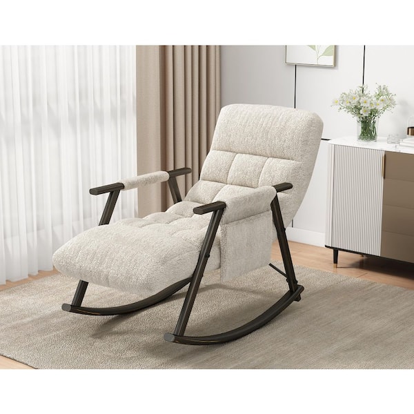White Casual Folding Rocking Chair, with Adjustable Backrest and Footrest, Side Pockets Placed, for Living Room, Bedroom