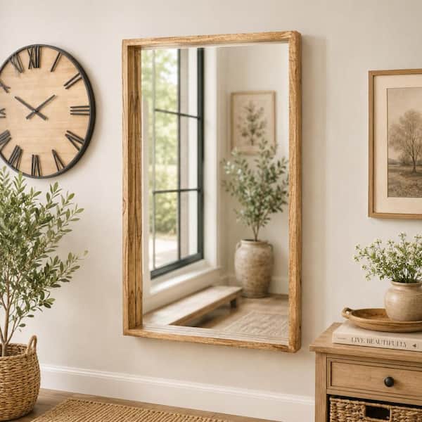 60 in. H x 36 in. W. Minimalistic Rectangle Framed Brown Wall Mirror with Natural Wood Grain and Deep-Set Frame