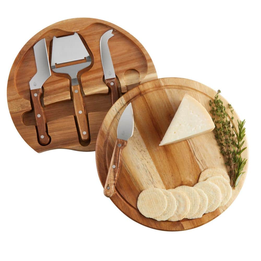 Acacia Wood Round Cheese Serving Board with Tools Set