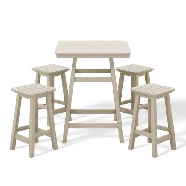 WESTIN OUTDOOR Laguna 5-Piece Fade Resistant HDPE Plastic Outdoor Patio Square Counter Height Bistro Set, Matching Barstools Sand