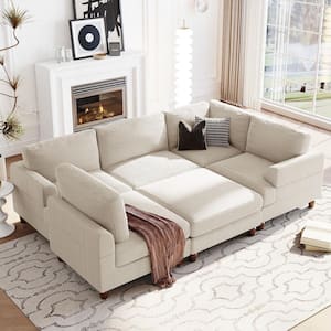 98 in. Flared Arm 6-Piece Polyester Modular Sectional Sofa in Beige with Ottoman