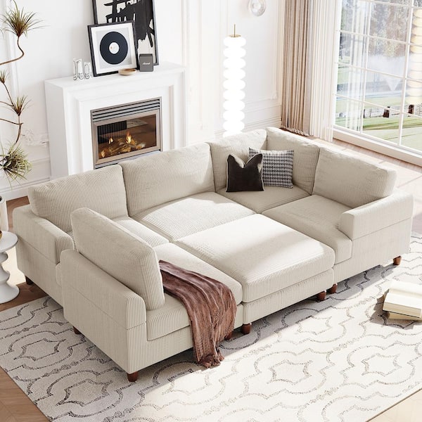 Harper & Bright Designs 98 in. Flared Arm 6-Piece Polyester Modular Sectional Sofa in Beige with Ottoman