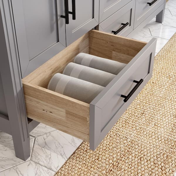 Houston 72 in. W x 22 in. D Bath Vanity in Gray Diamond Quartz Top with White Sink Power Bar and Drawer Organizer