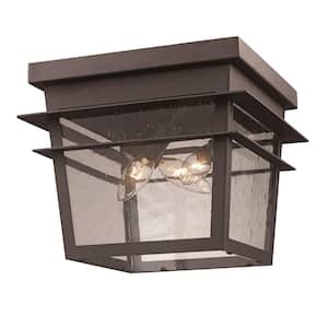 3-Light Black Outdoor Flush Mount Ceiling Light Fixture with Seeded Glass
