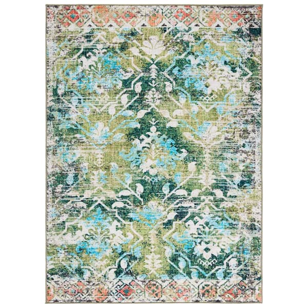 SAFAVIEH Riviera Green/Light Blue 5 ft. x 8 ft. Machine Washable Floral Geometric Area Rug
