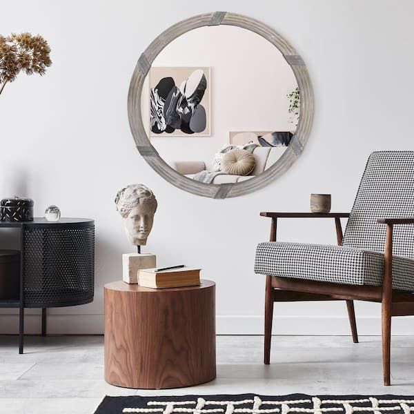 Unbranded Natural 30.75 in. W x 30.75 in. H Farmhouse Round Wood Decorative Wall Mirror, for Wall Decor in Living Room and Bedroom