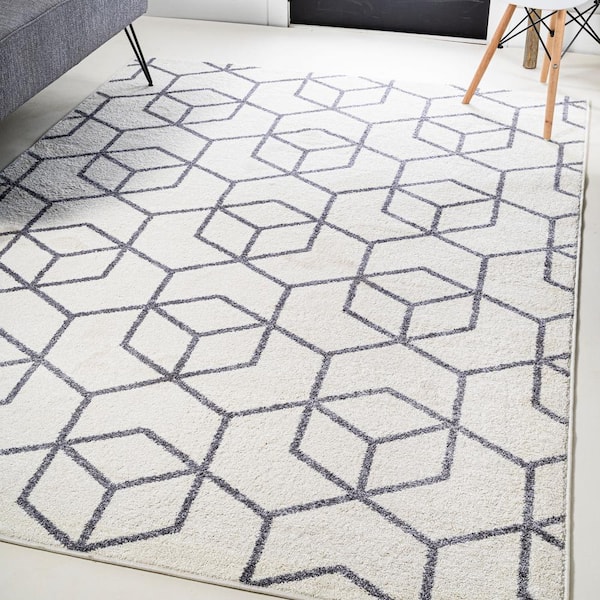 Tumbling Blocks Modern Geometric White/Gray 3 ft. x 5 ft. Area Rug