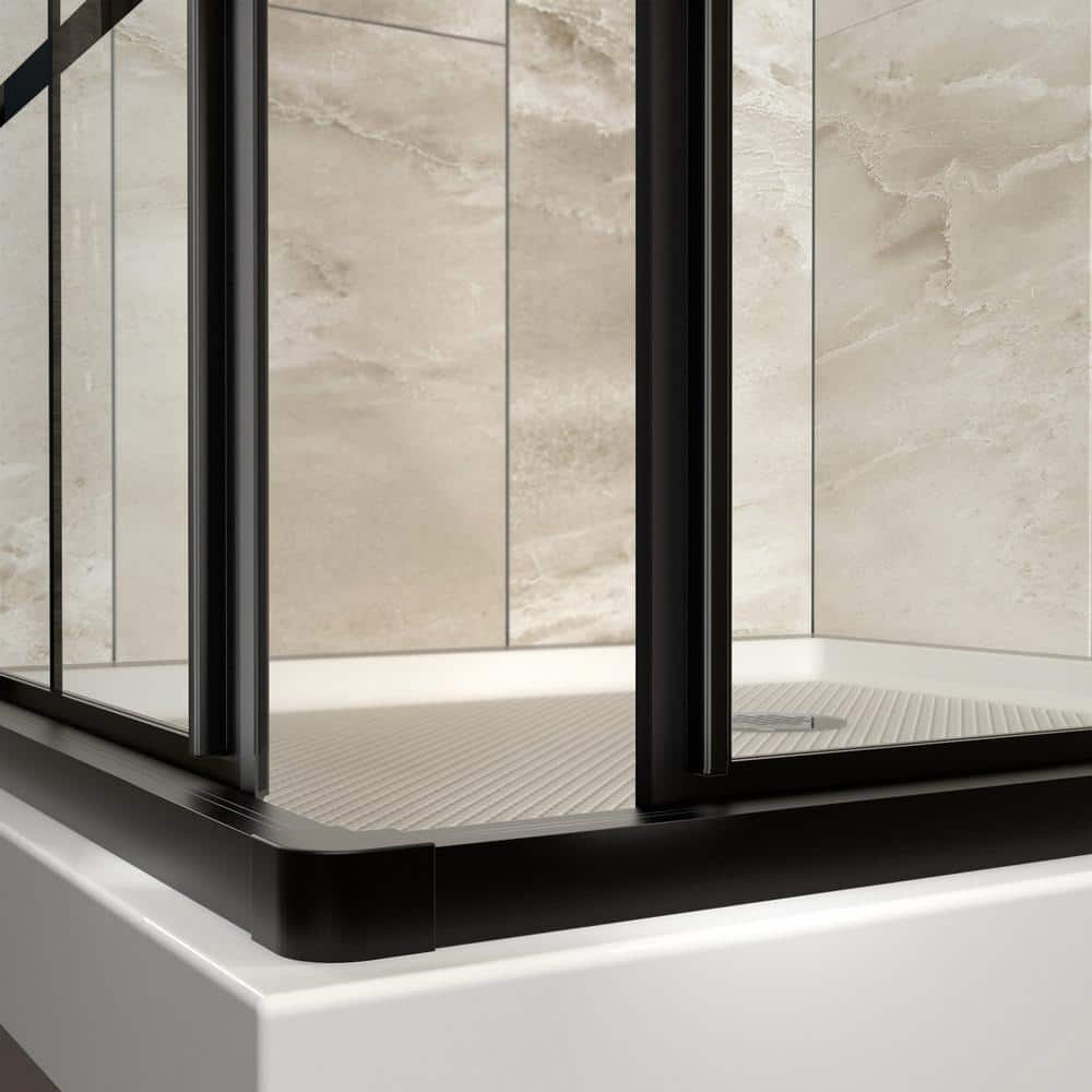 French Corner 34.5" Black Framed Sliding Shower Enclosure