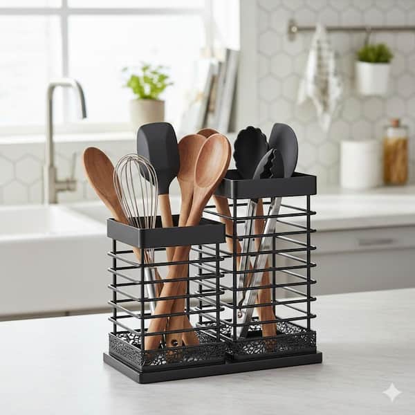 Matte Black Metal Utensil Holder Organizer with Acacia Wood Draining Base and Silicone Drying Mat for Countertop Storage
