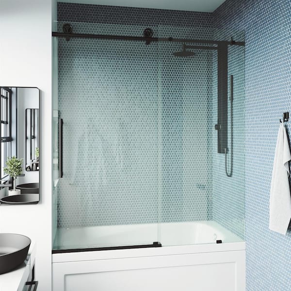 VIGO Elan Cass Aerodynamic 56 to 60 in. W x 66 in. H Sliding Frameless Tub Door in Matte Black with 3/8 in. Clear Glass