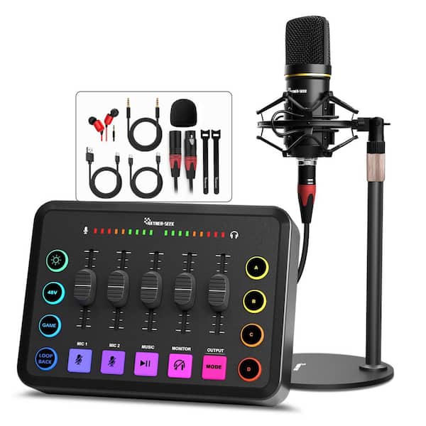 Strong Compatibility Bluetooth RGB Podcast Audio Interface Mixer in Black with XLR Condenser Mic