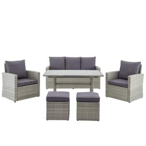 6-Piece Wicker Rattan Outdoor Patio Conversation Furniture Set with Coffee Table and Solid Cushion Chairs