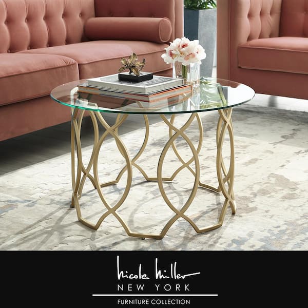 Gold Medium Round Glass Coffee Table, Round Glass Top Coffee Table With Storage