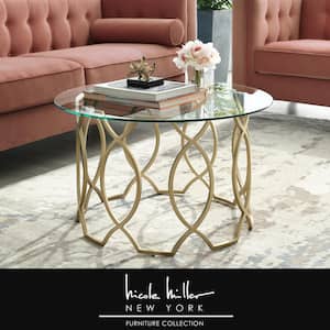 Catalina 32 in. Gold Medium Round Glass Coffee Table with Glass Top with Storage