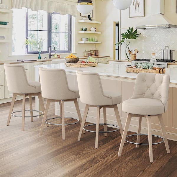 Rowland 26.5 in Seat Height Line Upholstered Fabric Counter Height Solid Wood Leg Swivel Bar stool（Set of 4）
