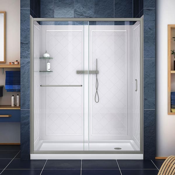 Infinity-Z 60 in. L x 30 in. W x 77 in. H Alcove Shower Door Kit with Shower Wall and Right Shower Pan in Brushed Nickel