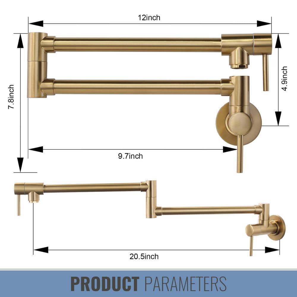 Brushed Gold Wall Mounted Double Handle Pot Filler Faucet