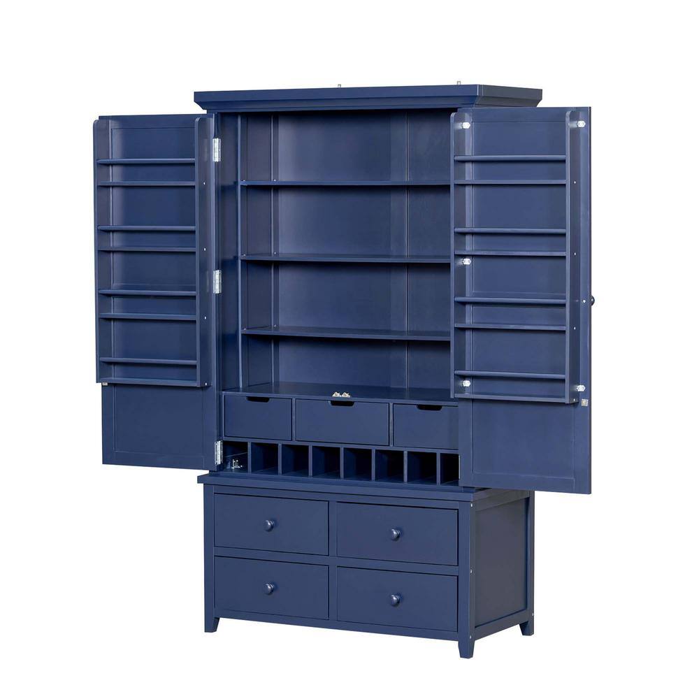 8-Shelf Freestanding Kitchen Pantry Organizer Wood Storage Cabinet with 8 Door Shelves, 3 Adjustable Shelves, Blue