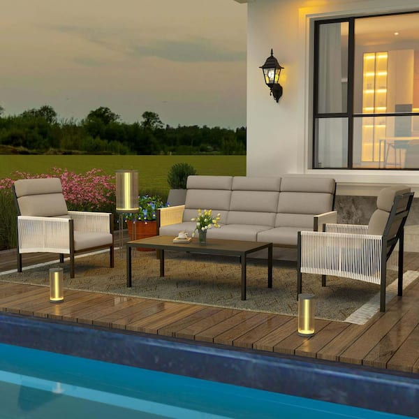 Tenleaf 4-Piece Metal Patio Conversation Set with Beige Cushions