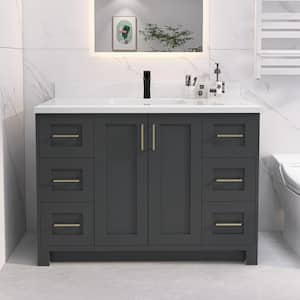 48 in. W x 22 in. D x 35 in. H Single Sink Freestanding Bath Vanity in Gray with Carrara White Marble Top White Basin