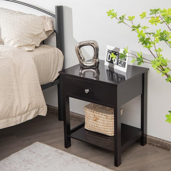 Costway 1-Drawer Black Nightstand with Drawer Storage Shelf Wooden Bedside Sofa Side Table 23 in. x 19 in. x 16 in. (H x W x D)