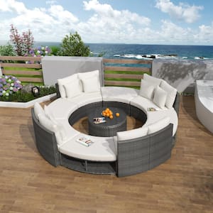 9-Piece Wicker Outdoor Sectional Sofa Set with Beige Cushions, Coffee Table and 6-Pillows