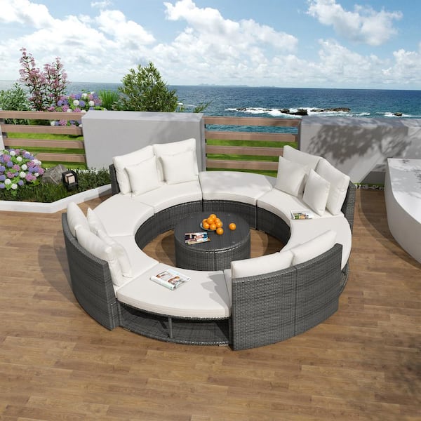 Nestfair 9-Piece Wicker Outdoor Sectional Sofa Set with Beige Cushions, Coffee Table and 6-Pillows