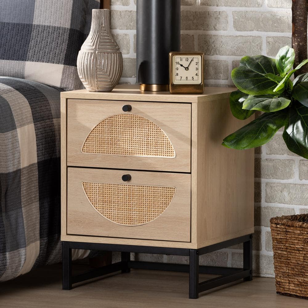 Ardon Bohemian Light Brown Wood and Metal 2 Drawer Nightstand with Rattan