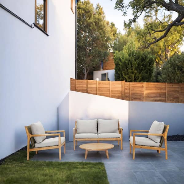 Spring 4-Piece Acacia Wood Patio Conversation Set With Gray Cushions