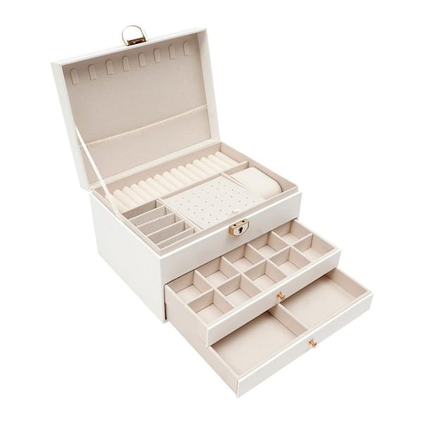 YIYIBYUS 9 in. x 5.3 in. 3-Layer White Jewelry Organizer Box PU Watch Storage Box with Pillow Watch Holder Display Case