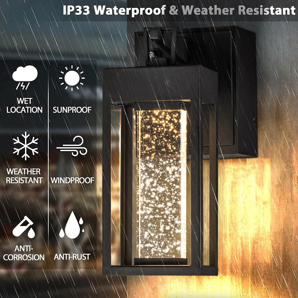 Matte Black Metal LED Outdoor Lantern Sconce with Seeded Glass