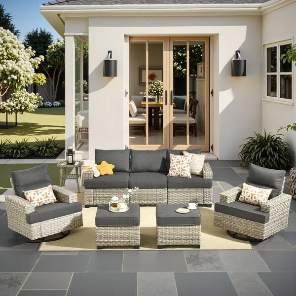 Silvae Gray 8-Piece Wicker Outdoor Sectional Set Patio Conversation Sets with 360°Rocking Chair & Black Cushion &Ottoman