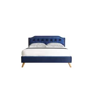 Navy Queen Size Upholstered Platform Bed Fabric Bed Frame