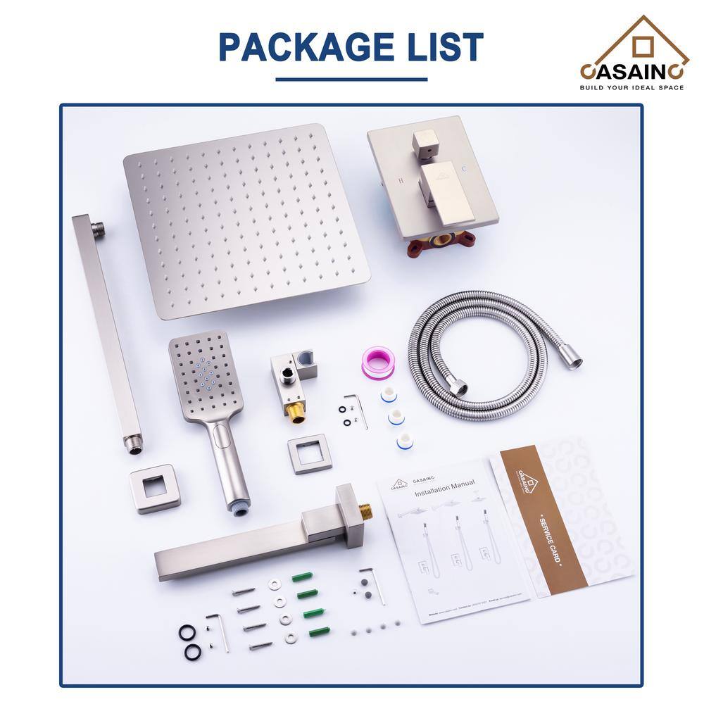 Brushed Nickel Wall Mounted Square Rain Shower System with Handheld