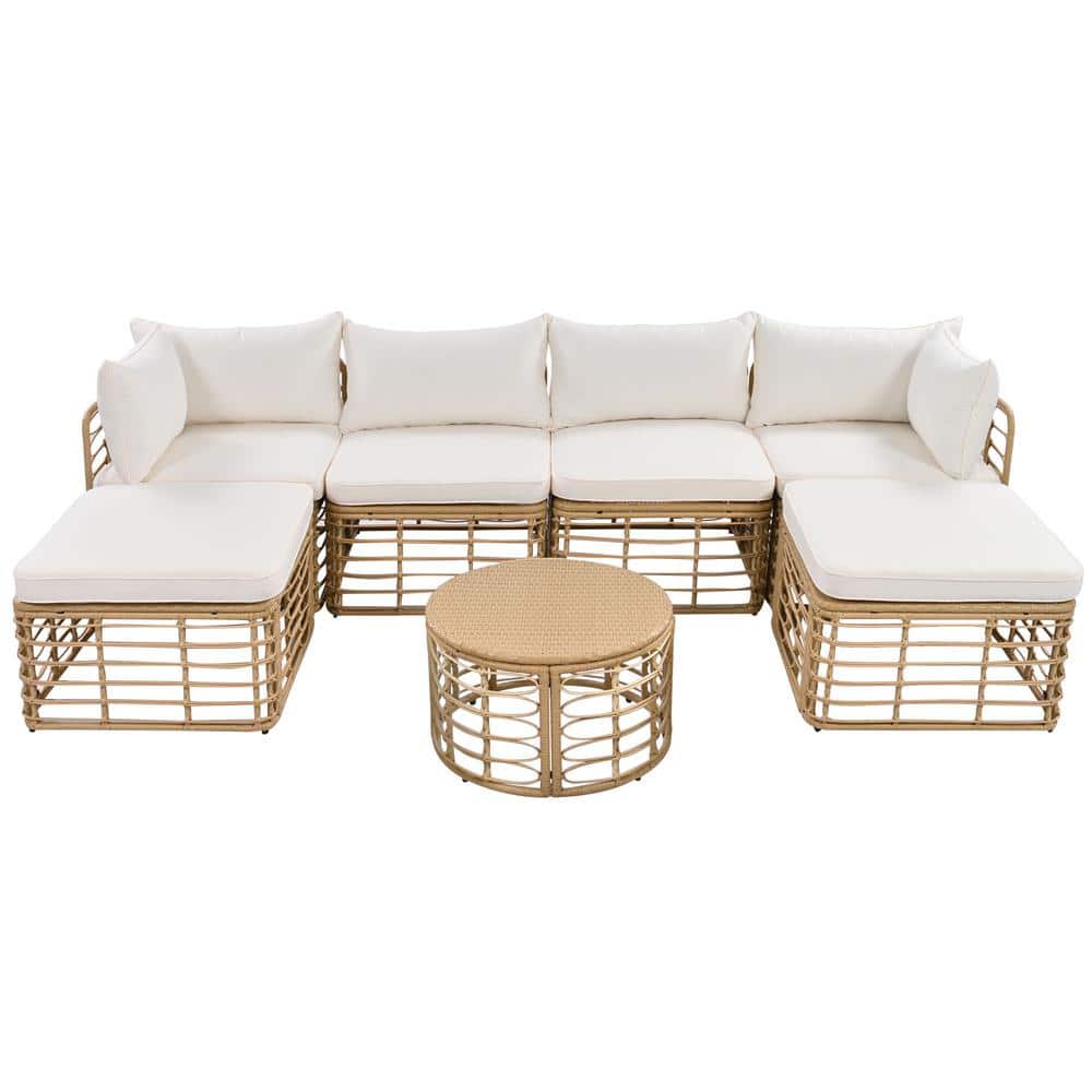 Beige 7 Pieces Wicker Outdoor All-Weather Sectional Set with Thick Cushions