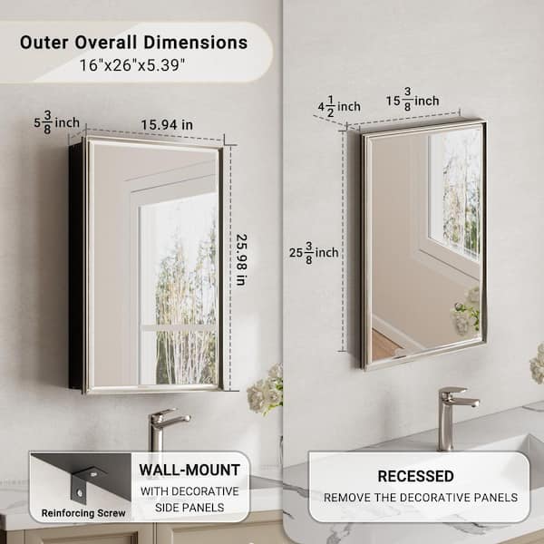 Musey 16 in W x 26 in H Brush Nickel Rectangular Aluminum Medicine Cabinet with Beveled Mirror, Recessed or Surface