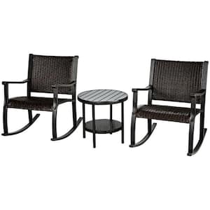 3-Piece Furniture Wicker Patio Conversation Set with Coffee Table and Rocking Chairs
