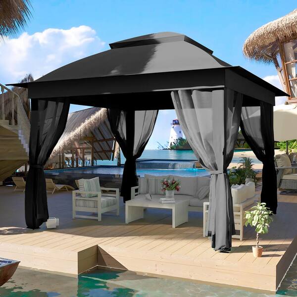 JOYSIDE 11 ft. x 11 ft. Black Steel Pop-Up Gazebo with Mosquito