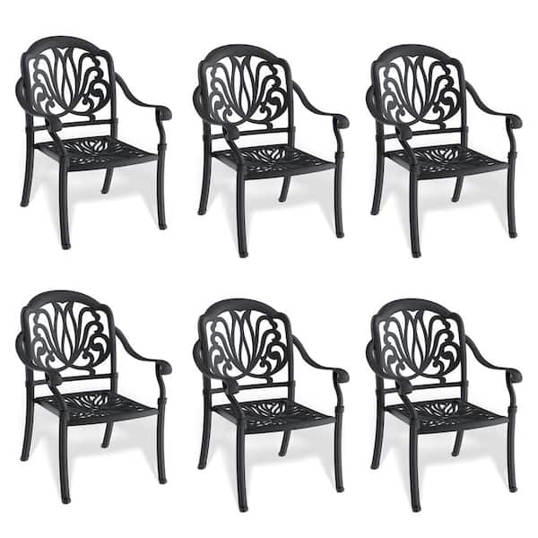 Runesay 6-Piece Cast Aluminum Patio Dining Chair with Random Colors Cushions and Black Frame (6-Pack)