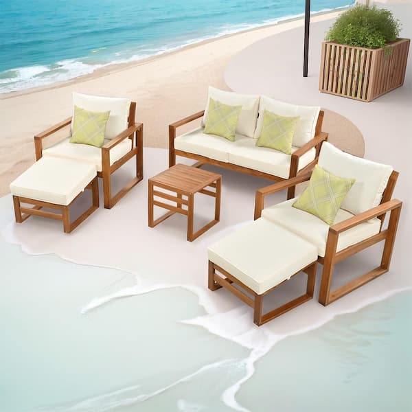 HOTEBIKE 6-Piece Wood Patio Outdoor Conversation Set with Ottomans and Beige Cushions for Backyard, Poolside, Balcony