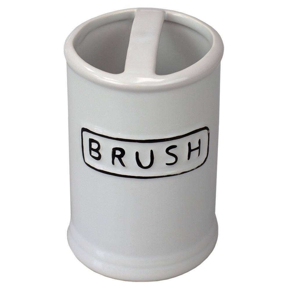White Ceramic 4-Piece Bathroom Accessory Set with Black Lettering