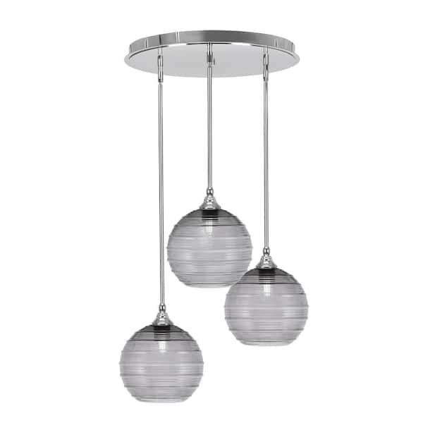 Unbranded Villa 3 Light Chrome Pendant, Cluster Pendant Light with 10 in. Smoke Ribbed Glass Shades, No Bulbs Included