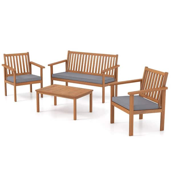 4-Pieces Wood Patio Conversation Set with Loveseat 2 Chairs and Coffee Table for Gray Cushions